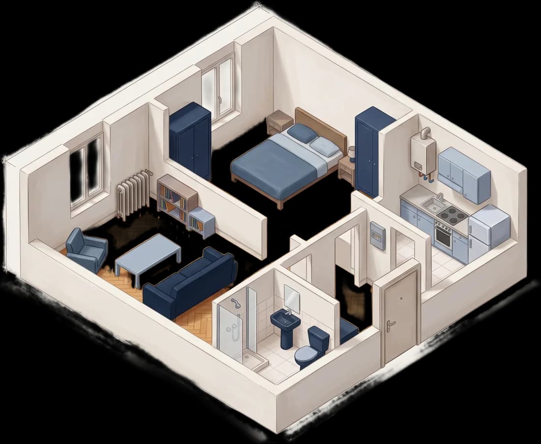 Plan isométrique d'un appartement : radiateur, chaudière, tableau électrique